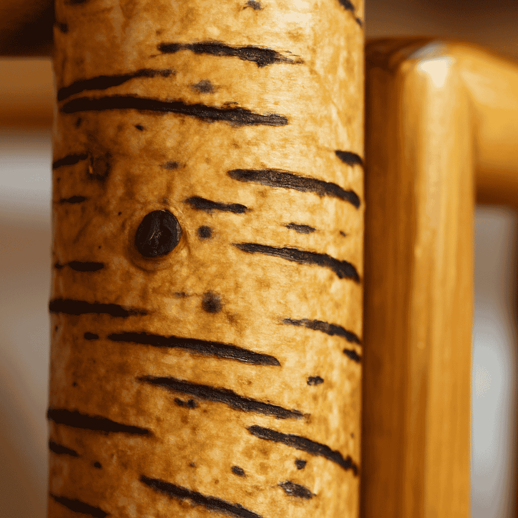 Close-up showing the unique dark worm track character on an Aspen log bed post