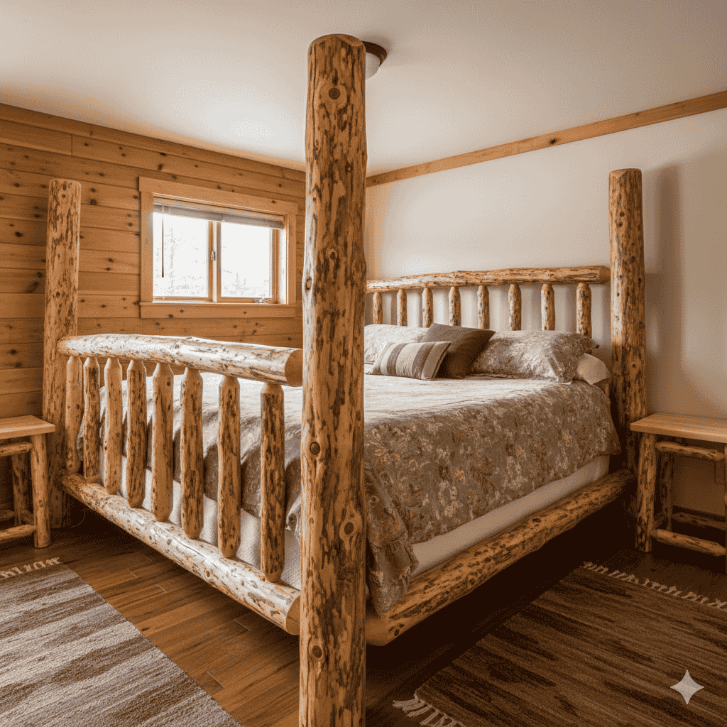 Example of an oversized log bed crowding a small bedroom