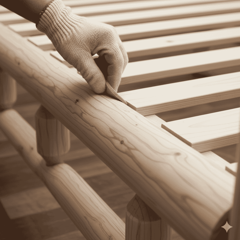 Felt pad placed under a bed slat to prevent squeaks.