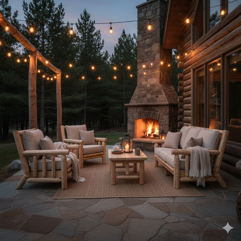 Log Cabin Rustics cedar log furniture on a beautiful cabin patio