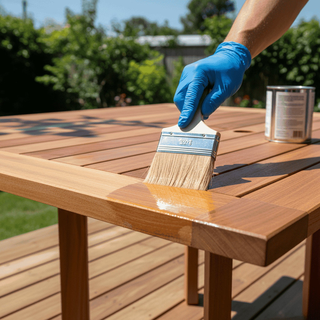 Applying a clear sealant to protect outdoor cedar log furniture.