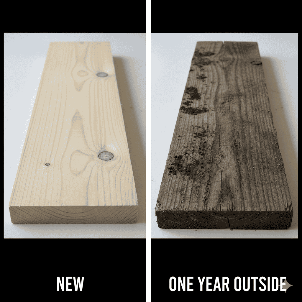 Untreated pine after one year outdoors, showing severe rot and decay