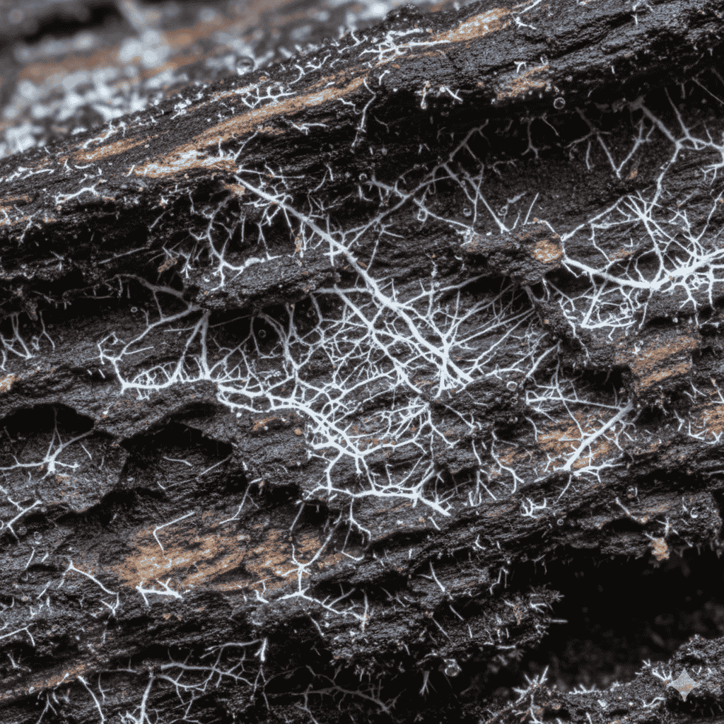 Fungal rot (mycelium) breaking down a piece of wood.