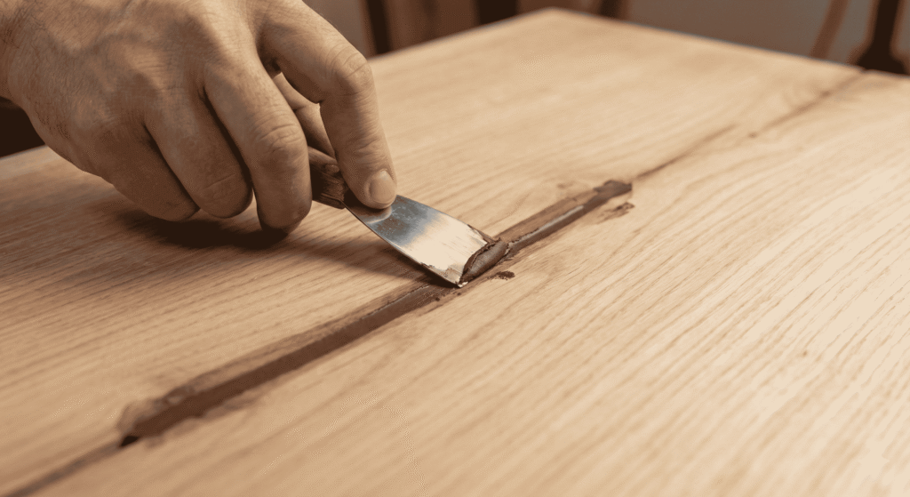 Filling a check in a log dining table to prevent crumbs and bacteria.