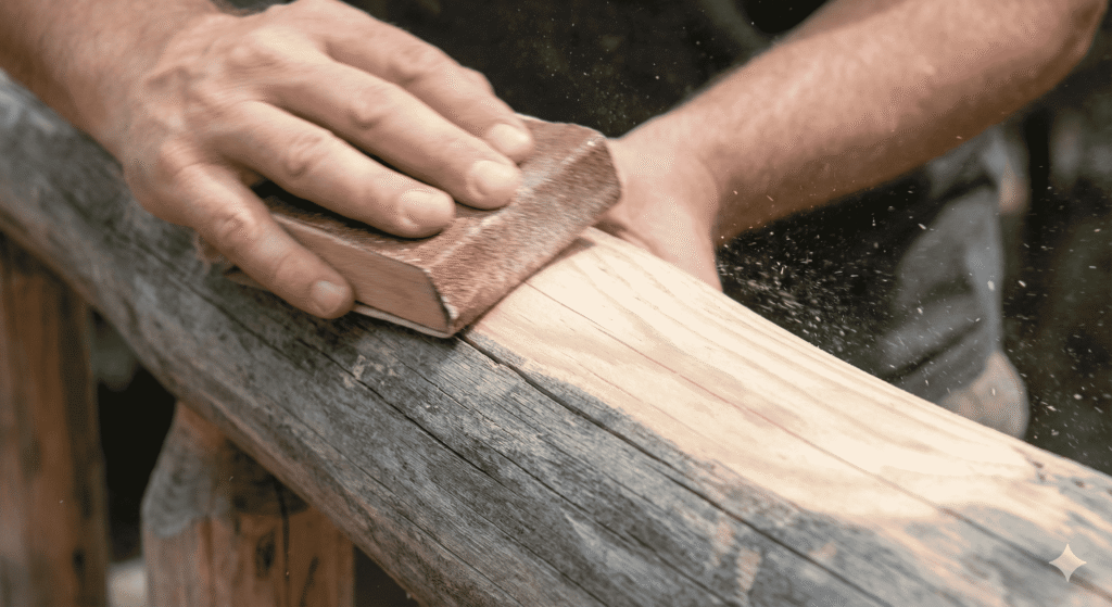 Sanding outdoor log furniture with 80-grit paper to prepare for staining